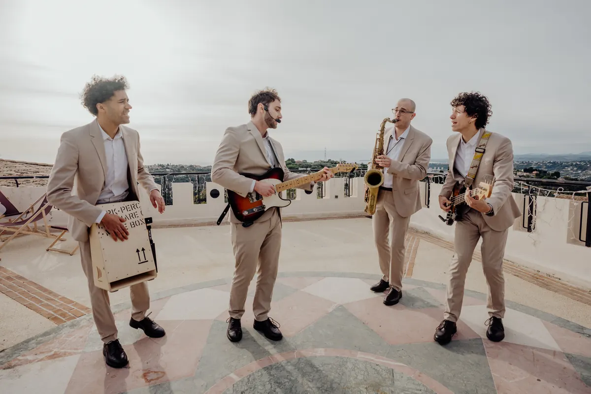The band on a rooftop above the city
