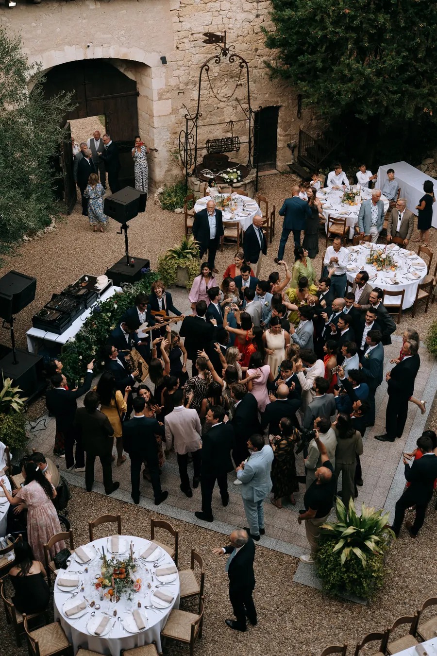 Aerial view of the band among the dinner tables