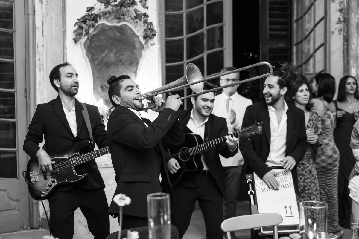 The band in black tie at a palazzo reception